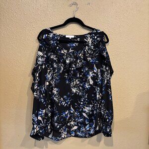 Parker Navy Floral Cold Shoulder Blouse with Ruffle Detail | Size L